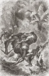 Un natif Dayak de Bornéo combattant avec un orang-outan, de 
